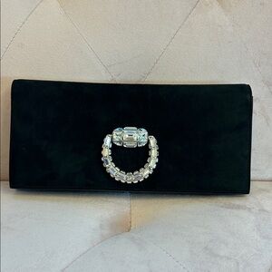 Gucci Black Suede Crystal Buckle Evening Clutch